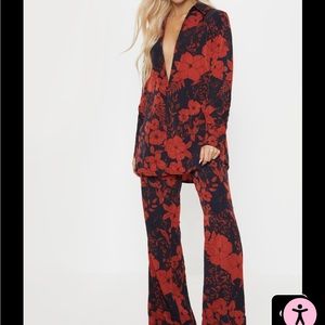 Pretty Little Thing black and red floral two piece pant set NWT